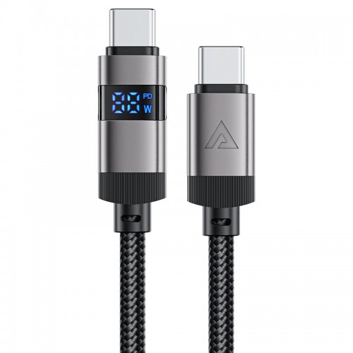 Кабель ACEFAST C15-03 USB-C на USB-C из цинкового сплава с цифровым дисплеем, плетёный кабель для зарядки и передачи данных, чёрный