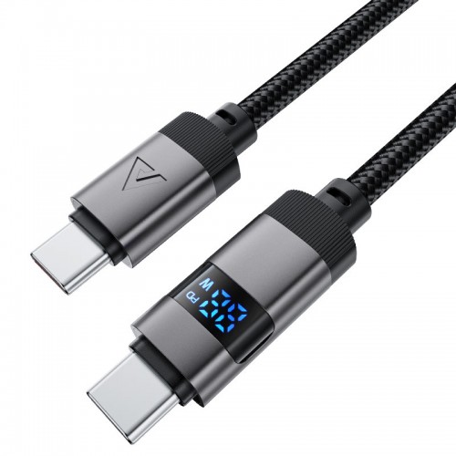 Кабель ACEFAST C15-03 USB-C на USB-C из цинкового сплава с цифровым дисплеем, плетёный кабель для зарядки и передачи данных, чёрный