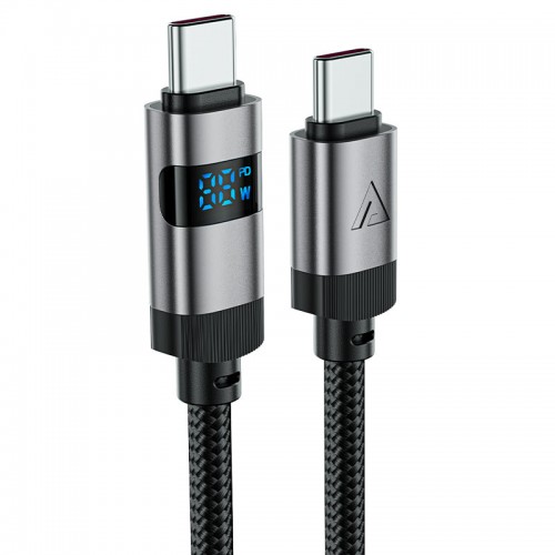 Кабель ACEFAST C15-03 USB-C на USB-C из цинкового сплава с цифровым дисплеем, плетёный кабель для зарядки и передачи данных, чёрный