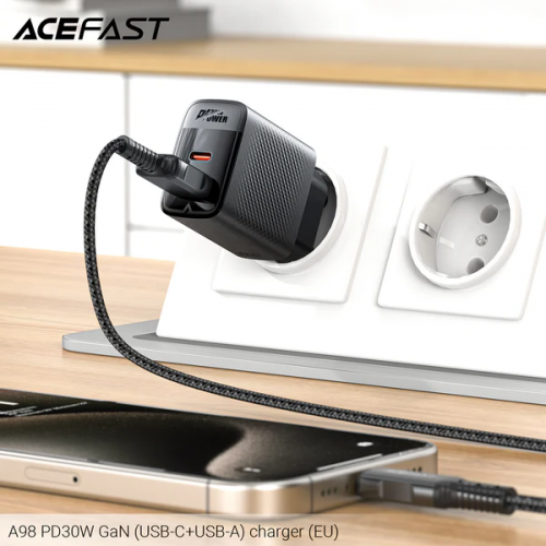 Сетевое зарядное устройство ACEFAST A98 PD30W GaN (USB-C+USB-A) charger Black