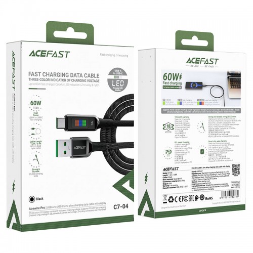 Кабель ACEFAST C7-04 USB to Type-C 3A, 1.2m, nylon, zinc connectors, LED, Black