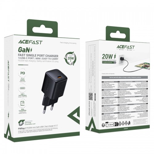 Мережевий зарядний пристрій ACEFAST A117 PD20W mini GaN USB-C fast charger Black