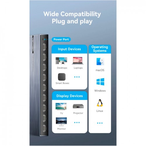 Сплітер Vention 4K 1x8 HDMI Splitter Black Aluminum Alloy Type EU Standard