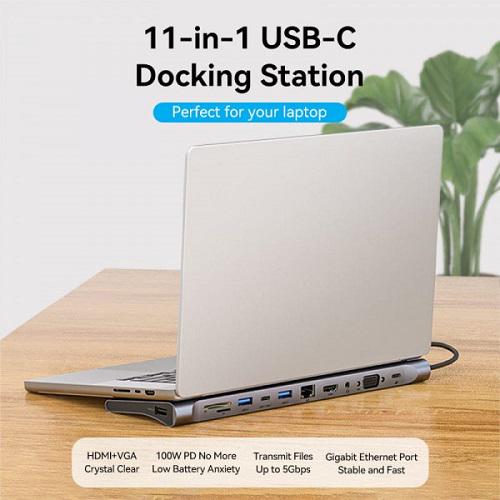 USB-хаб Vention Multi-function USB-C to HDMI/VGA/USB-C Gen 1/USB 3.0x2/USB 2.0/RJ45/SD/TF/TRRS 3.5mm/PD Docking Station 0.25m