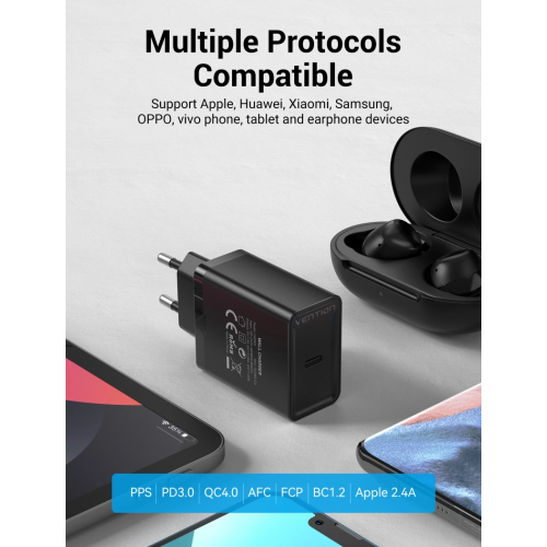 Сетевое зарядное устройство Vention 1-порт USB-C Wall Charger (20W) EU-вилка, черное (FADB0-EU)
