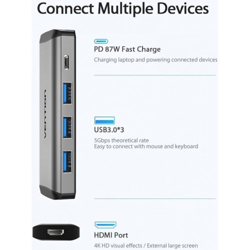 USB-хаб Vention Type-C to HDMI/USB3.0*3/PD Converter 0.15M Gray Metal Type (CNBHB)