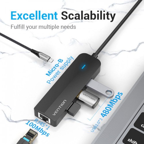 USB-хаб Vention USB-C to USB 3.0*3/RJ45/Micro-B HUB 0.15M Black ABS Type