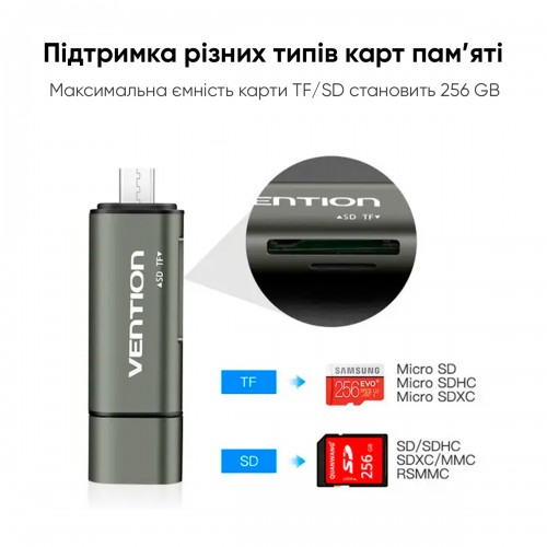 Кардридер Vention USB3.0 Многофункциональный кардридер, серый, металлический, тип (CCHH0)