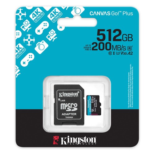 Карта пам'яті microSDXC (UHS-1 U3) Kingston Canvas Go! Plus 512Gb class 10 A2 V30 (R200MB/s, W-160MB/s) (adapter SD)
