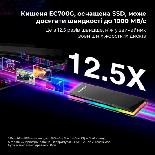 Зовнішня кишеня для накопичувача A-DATA EC700G для SSD M.2 PCIe/SATA USB3.2 Gen2 Type-C Black