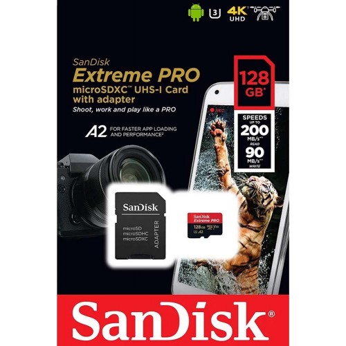 Карта пам'яті microSDXC (UHS-1 U3) SanDisk Extreme Pro A2 128Gb class 10 V30 (R200MB/s,W90MB/s) (adapter)