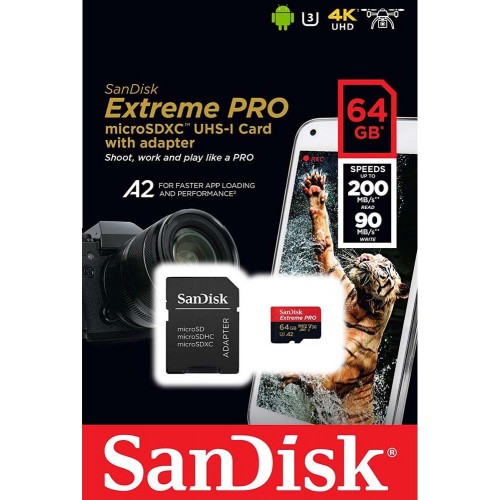 Карта пам'яті microSDXC (UHS-1 U3) SanDisk Extreme Pro A2 64Gb class 10 V30 (R200MB/s,W90MB/s) (adapter)