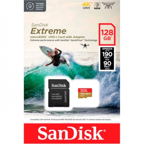 Карта пам'яті microSDXC (UHS-1 U3) SanDisk Extreme For Action Cams and Drones A2 128Gb class 10 V30 (R190MB/s,W90MB/s) (adapter)