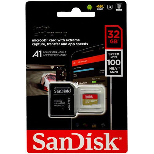 Карта пам'яті microSDHC (UHS-1 U3) SanDisk Extreme Action A1 32Gb class 10 V30 (R100MB/s, 667x) (adapter SD)