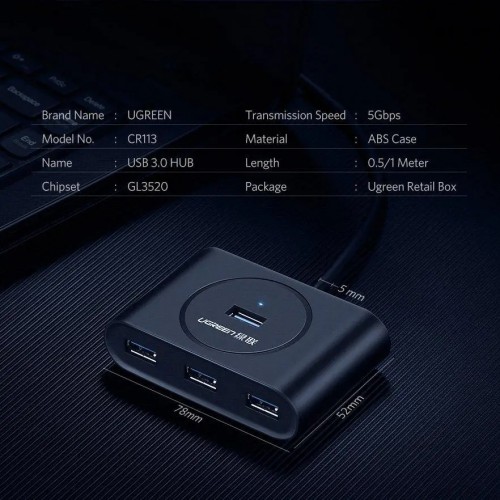 USB-хаб UGREEN USB 3.0 Hub 0.5m (Black)