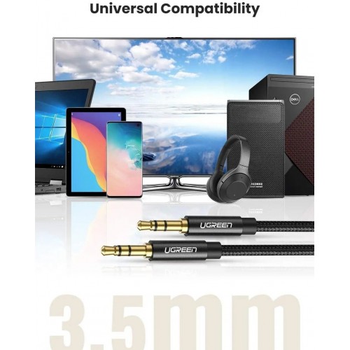 Аудиокабель UGREEN AV112 3,5 мм штекер – 3,5 мм штекер, позолоченный, металлический корпус с оплёткой, 1 м (чёрный) (UGR-50361)