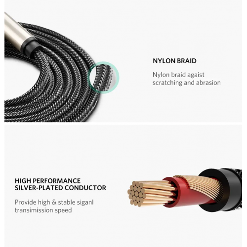 Аудіокабель UGREEN AV128 6.5mm Male to Male Audio Cable Gray 2m(UGR-10638)