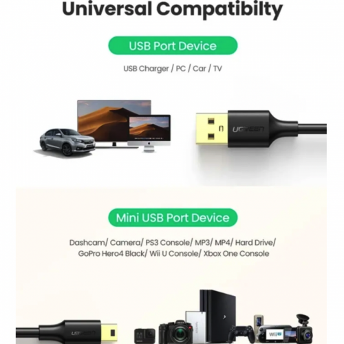 Переходник UGREEN US132 USB 2.0 A Male to Mini 5 Pin Male Cable 1 м (черный) (UGR-10355)