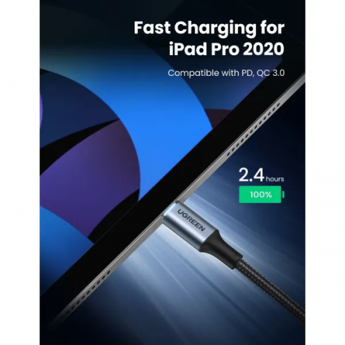 Кабель UGREEN US316 USB-C — USB-C 2.0 100W, алюминиевый корпус с оплёткой, 1,5 м (Space Gray) (UGR-70428)