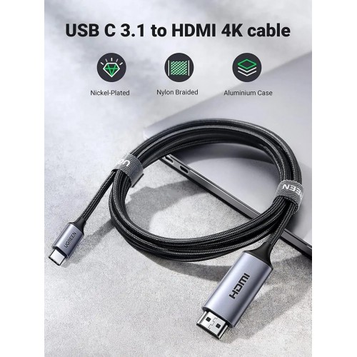 Кабель UGREEN MM142 USB-C — HDMI, штекер-штекер, алюминиевый корпус, 1,5 м (серо-чёрный) (UGR-50570)