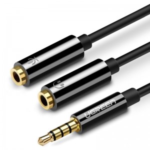 Аудиокабель UGREEN AV141 3,5 мм штекер — 2 × 3,5 мм гнездо, 0,2 м, чёрный