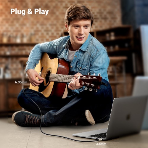 Аудиокабель UGREEN AV127 3,5 мм штекер — 6,35 мм штекер, стерео аудиокабель TRS, нейлоновая оплётка, 5 м, серый