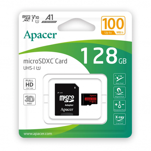 Карта пам'яті microSDXC (UHS-1) Apacer 128Gb class 10 V10 A1 R100MB/s (adapter SD)