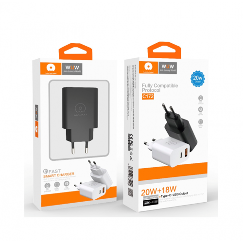 Сетевое зарядное устройство WUW-C172 20W PD USB-C + USB QC3.0 18W black