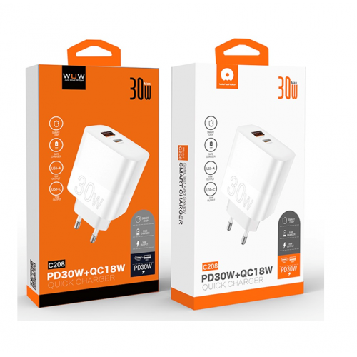Сетевое зарядное устройство WUW-C208 30W PD USB-C + USB QC3.0 18W белое