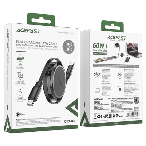Кабель ACEFAST C13-03 USB-C — USB-C с двойной втяжкой, зарядный/дата-кабель, чёрный