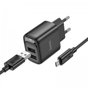 Сетевое зарядное устройство с кабелем HOCO C141A Smart dual-port charger set (Micro) Black