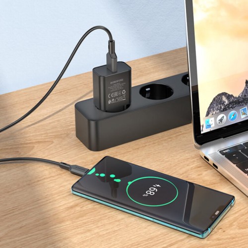 Сетевое зарядное устройство с кабелем BOROFONE BA72A Spring, однопортовый комплект зарядного устройства QC3.0 (Type-C) 18W, черный