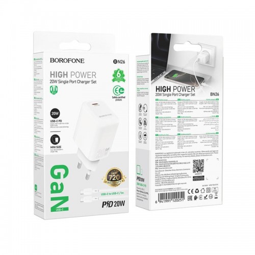 Мережевий зарядний пристрій з кабелем BOROFONE BN26 Fuente single-port PD20W charger set (C to C) (EU) White