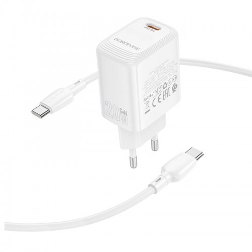 Мережевий зарядний пристрій з кабелем BOROFONE BN26 Fuente single-port PD20W charger set (C to C) (EU) White