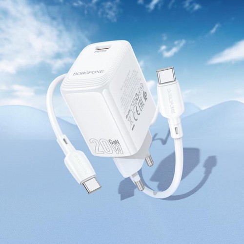 Мережевий зарядний пристрій з кабелем BOROFONE BN26 Fuente single-port PD20W charger set (C to C) (EU) White