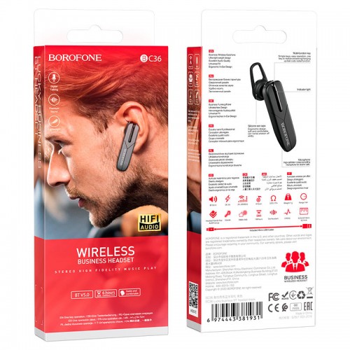 Bluetooth гарнитура BOROFONE BC36 Lucky business BT headset Black