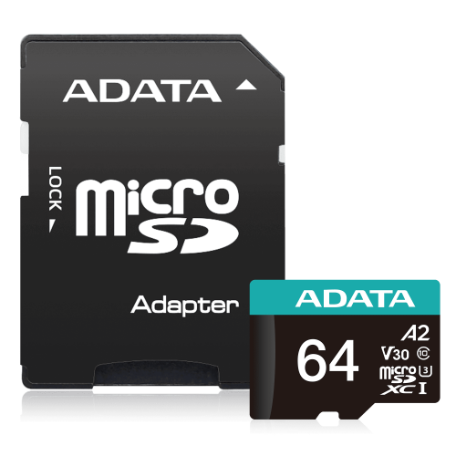 Карта памяти microSDXC (UHS-1 U3) A-DATA Premier Pro 64 ГБ Class 10 V30S A2 (чтение — 100 МБ/с, запись — 85 МБ/с) (адаптер SD)