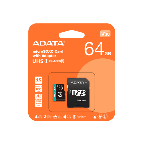 Карта памяти microSDXC (UHS-1 U3) A-DATA Premier Pro 64 ГБ Class 10 V30S A2 (чтение — 100 МБ/с, запись — 85 МБ/с) (адаптер SD)