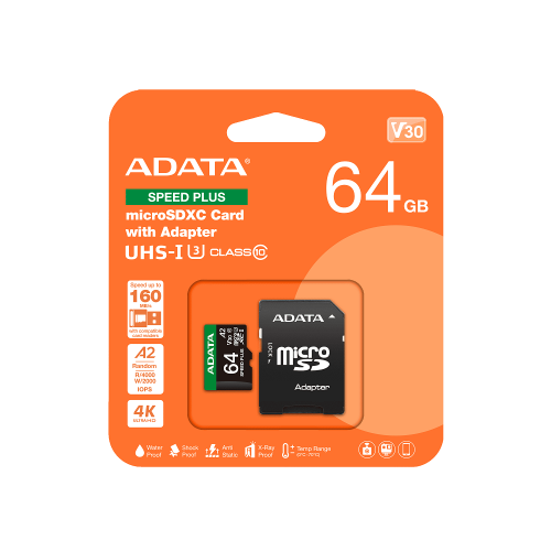 Карта пам'яті microSDXC (UHS-1 U3) A-DATA SPEED PLUS 64Gb Class 10 V30 A2 (R-160Mb/s W140Mb/s) (adapter SD)