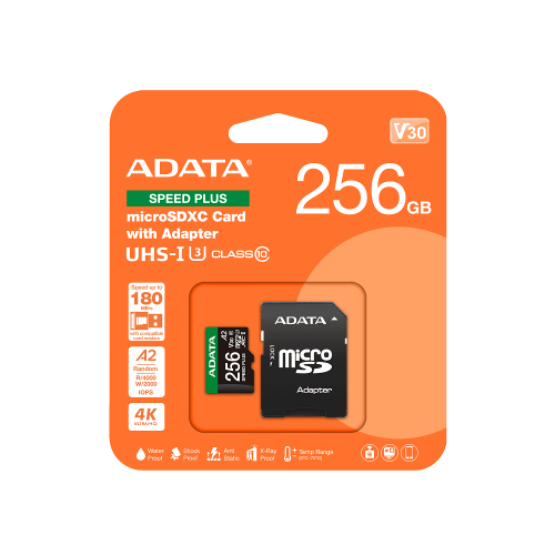 Карта пам'яті microSDXC (UHS-1 U3) A-DATA SPEED PLUS 256Gb Class 10 V30 A2 (R-180Mb/s W160Mb/s) (adapter SD)