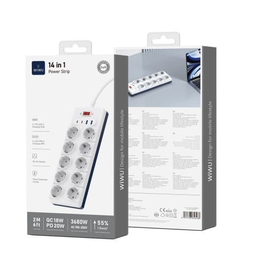 Сетевой удлинитель WIWU 14 in 1 20W GaN Power Strip 2C+2A+10AC Wi-S008 EU (2 м) White