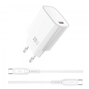 Сетевое зарядное устройство WIWU 20W Essen GaN Fast Charger + кабельный комплект Wi-G007 C-C EU White