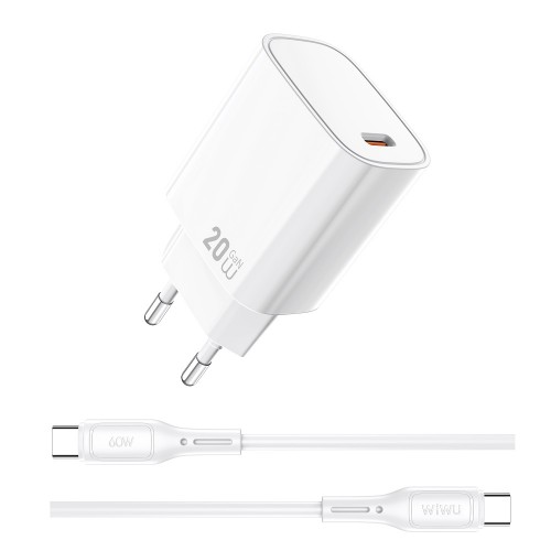 Сетевое зарядное устройство WIWU 20W Essen GaN Fast Charger + кабельный комплект Wi-G007 C-C EU White
