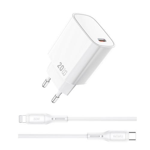 Сетевое зарядное устройство WIWU 20W Essen GaN Fast Charger + Cable Combo Wi-G007 C-L EU White