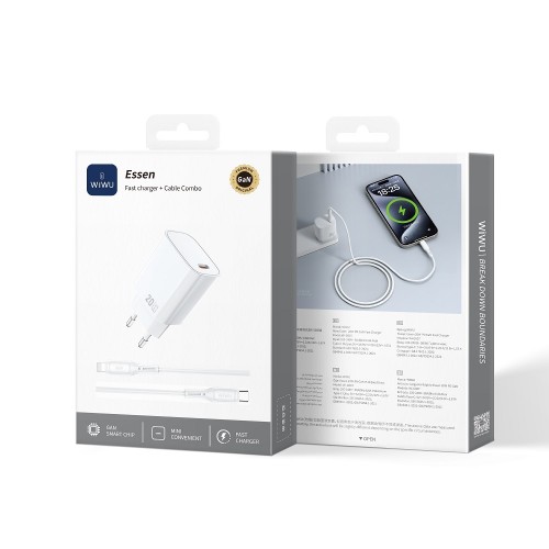 Сетевое зарядное устройство WIWU 20W Essen GaN Fast Charger + Cable Combo Wi-G007 C-L EU White