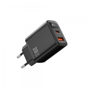 Сетевое зарядное устройство WIWU 20W Firefly GaN Fast Charger 1A+1C с цифровым дисплеем Wi-G009 EU Black
