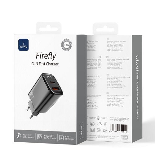 Сетевое зарядное устройство WIWU 20W Firefly GaN Fast Charger 1A+1C с цифровым дисплеем Wi-G009 EU Black
