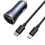Автомобильное зарядное устройство Baseus Golden Contactor Pro Dual Car Charger U+C 40W (с кабелем Type-C/iP 1 м) тёмно-серое