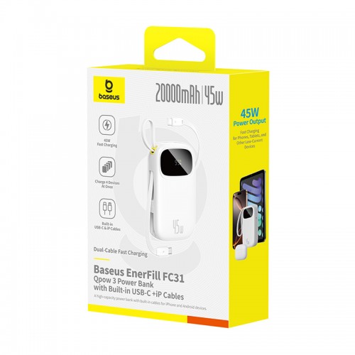 Зовнішній акумулятор Baseus EnerFill FC31 Qpow 3 Digital Display Power Bank with USB-C+iP Cables 20000mAh 45W Moon White