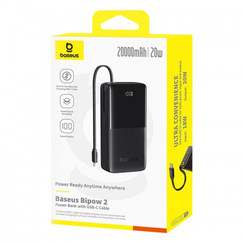 Зовнішній акумулятор Baseus Bipow 2 Digital Display Power Bank With Built-in USB-C Cable 20000mah 20W Cluster Black